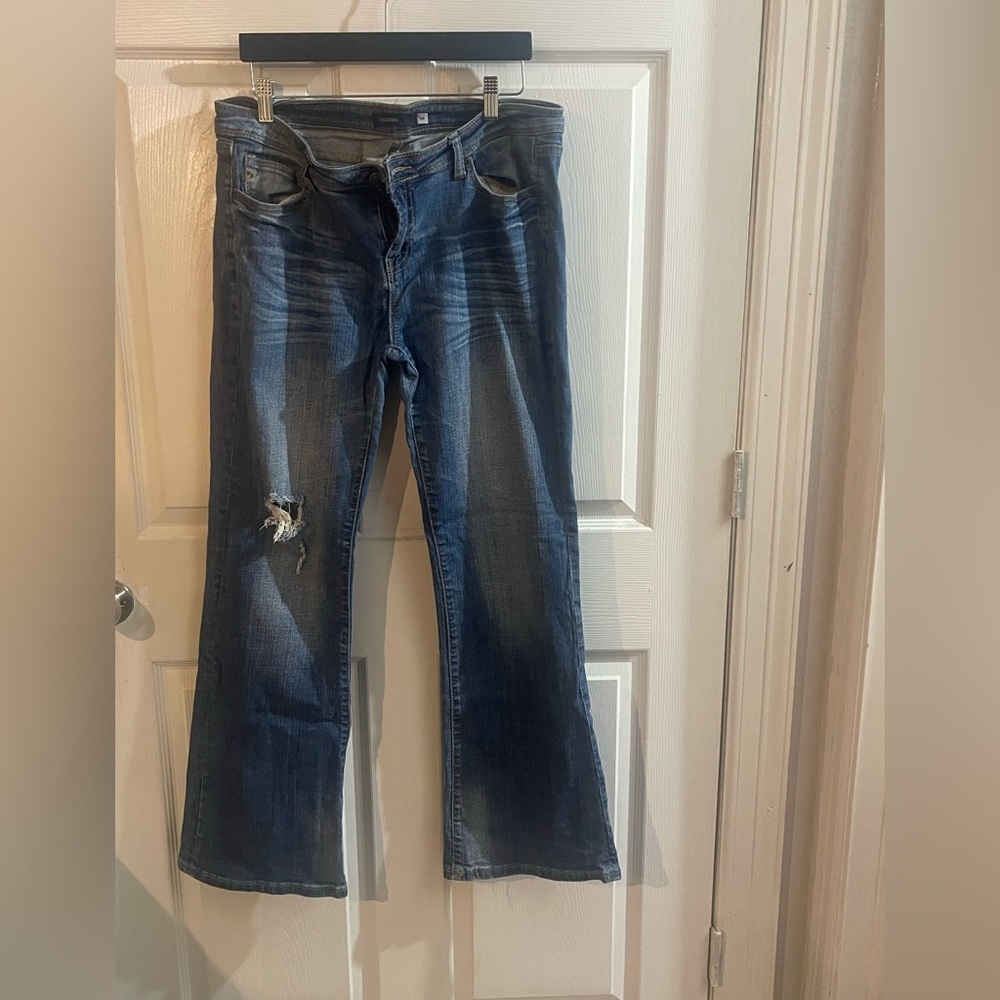 Vigoss Dark Blue Flare Jeans with Distressed Detail